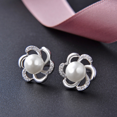 925 Sterling Silver Female fashion Pearl White Flower Earrings - Click Image to Close